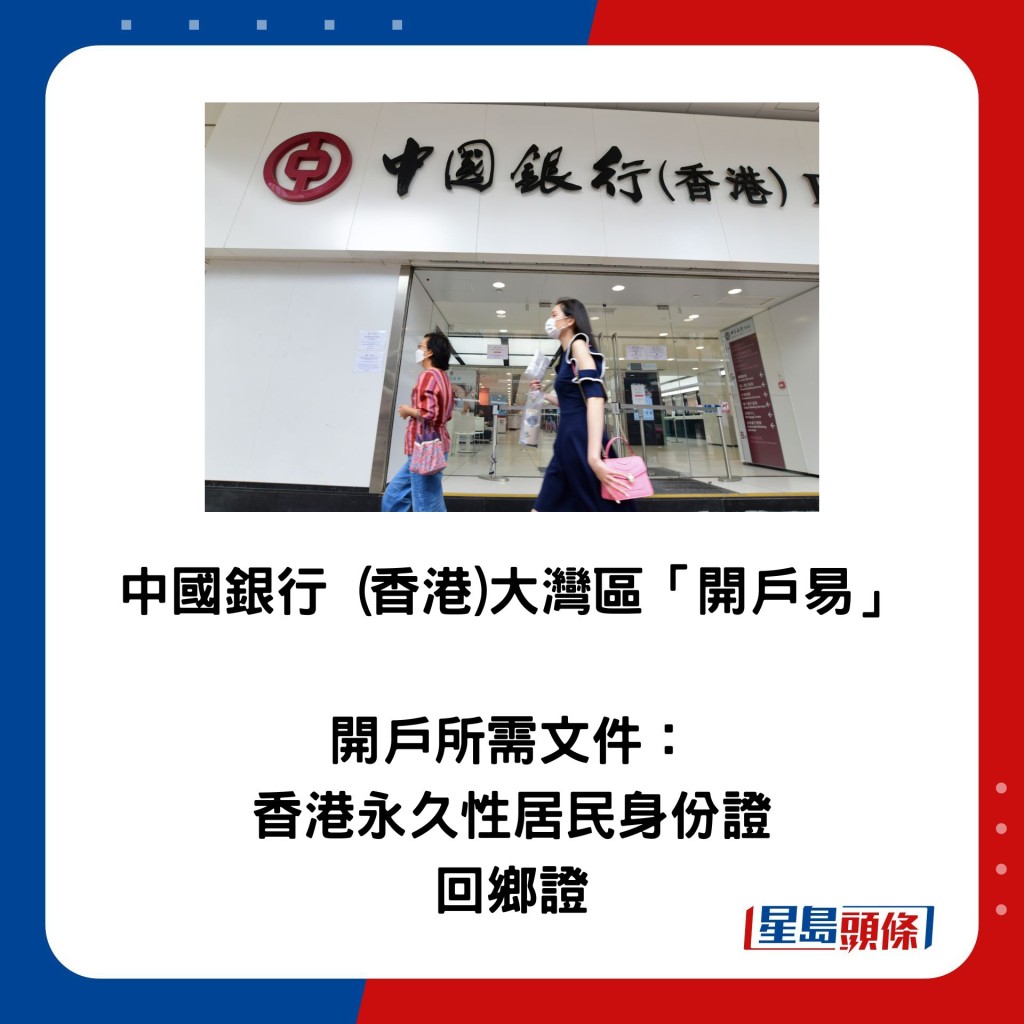 中国银行 (香港)大湾区「开户易」  开户所需文件： 香港永久性居民身份证 回乡证