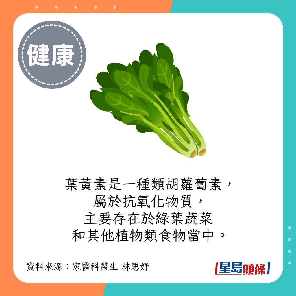 葉黃素是一種類胡蘿蔔素，屬於抗氧化物質，主要存在於綠葉蔬菜和其他植物類食物當中。
