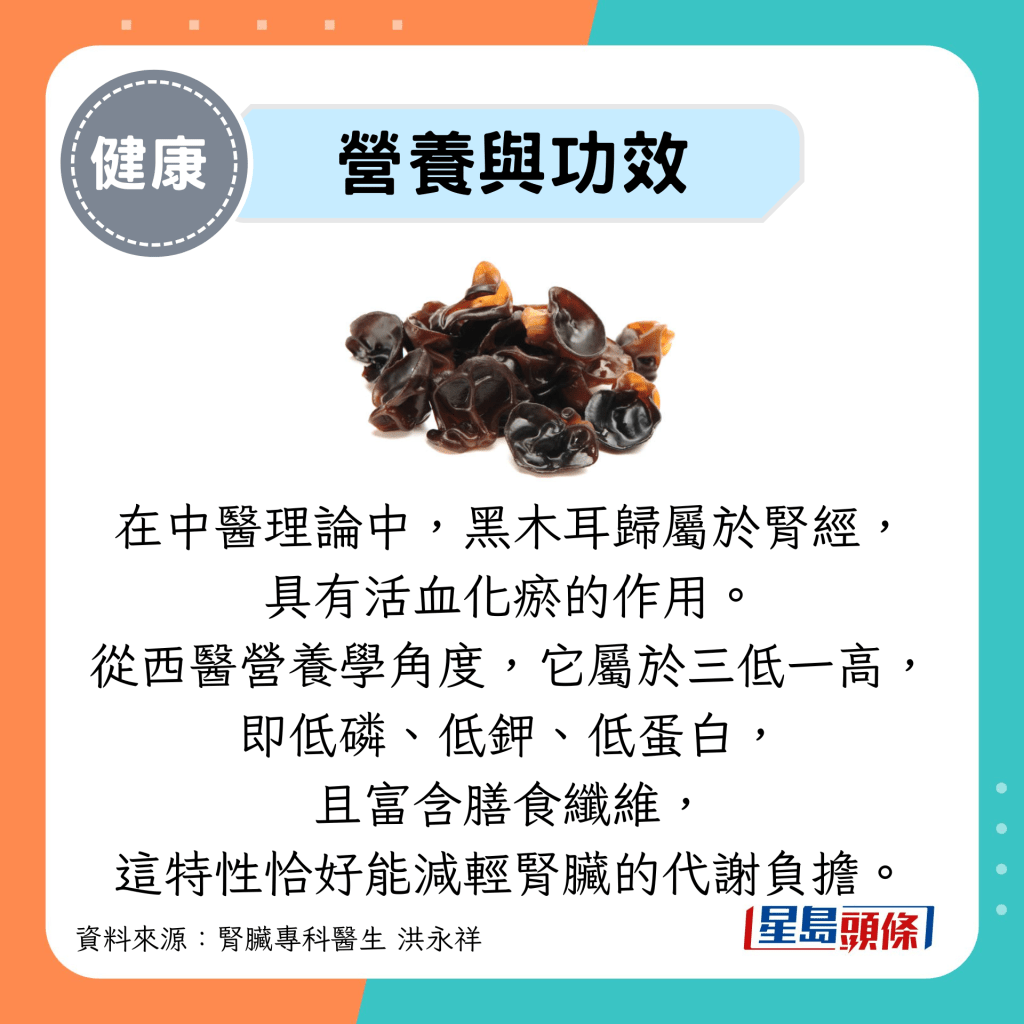 营养与功效：在中医理论中，黑木耳归属于肾经， 具有活血化瘀的作用。 从西医营养学角度，它属于三低一高，即低磷、低钾、低蛋白， 且富含膳食纤维， 这特性恰好能减轻肾脏的代谢负担。