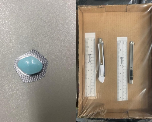警方在男子背包搜出藥丸、鎅刀、剪刀及手套。圖:警方提供