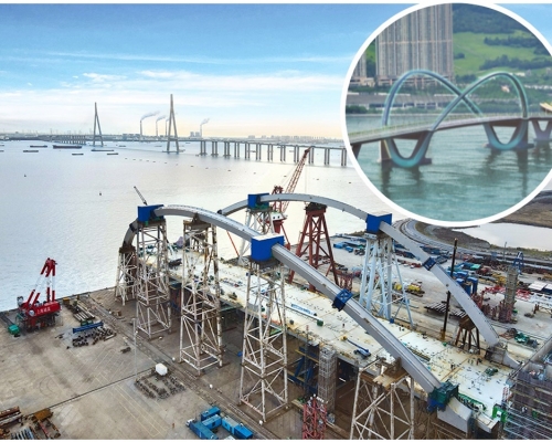 雙拱鋼橋在鄰近上海的南通市建造。（小圖為跨灣連接路構想圖）