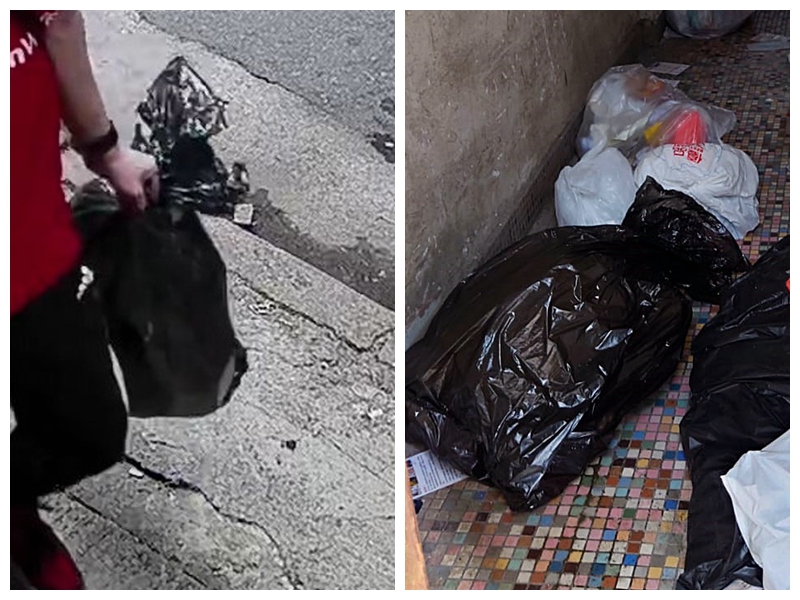 红衫男手持的一黑色胶袋与走廊垃圾相似。