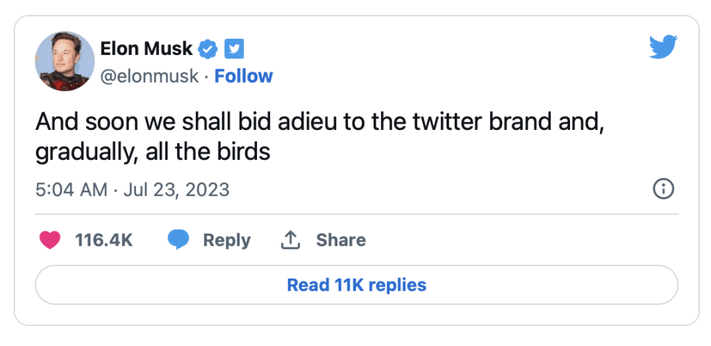 馬斯克在自己的推特帳號上預告，推特將推出全新的商標，逐漸「向所有的鳥告別」。