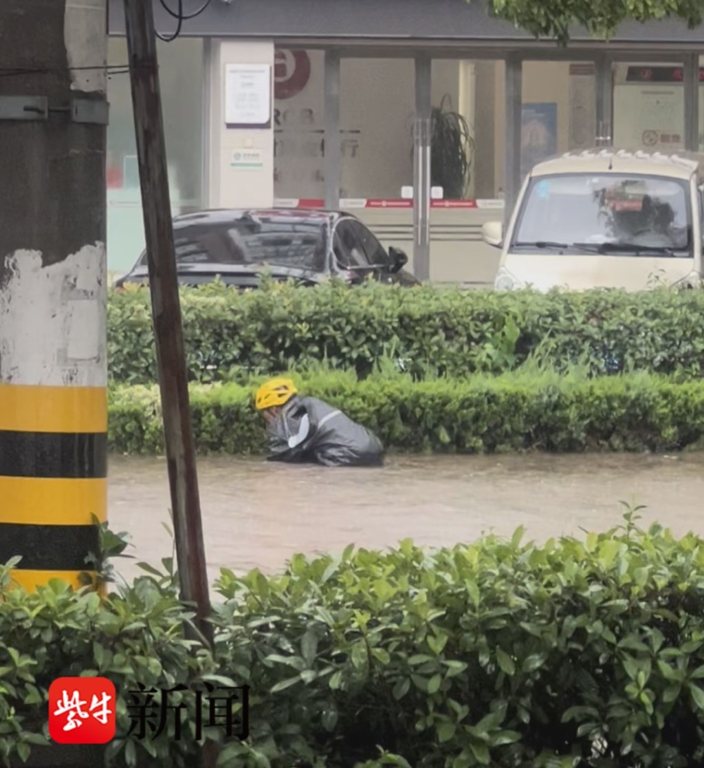 小周無助地在積水中找手機引起網民關注。紫牛新聞 小周無助地在積水中找手機引起網民關注。紫牛新聞
