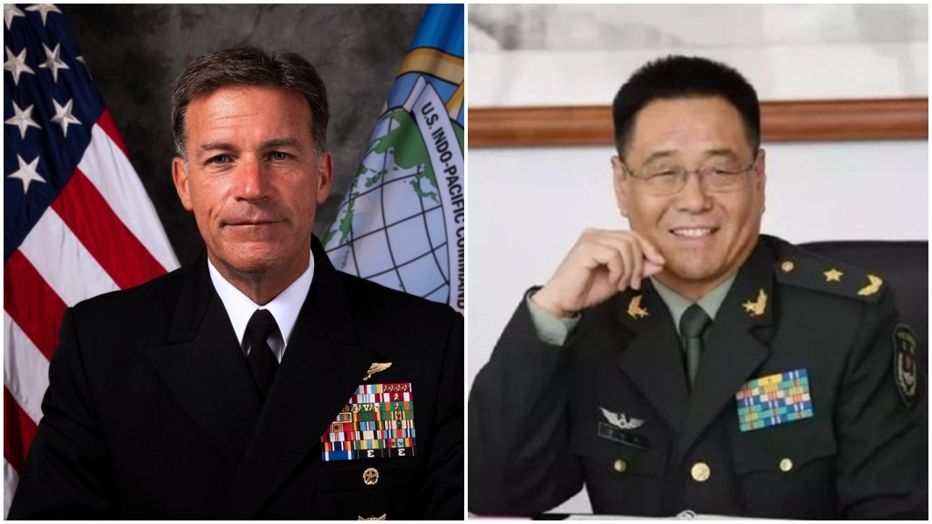 美海軍上將阿奎利諾和中國參謀部副參謀長徐起零上將在斐濟交流。