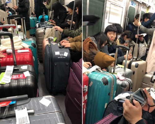 來自台灣的遊客用行李篋塞滿列車車廂的通道。 網上圖片