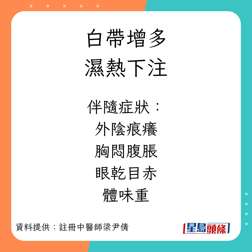 白带增多︱湿热下注伴随的症状：外阴痕痒、胸闷腹胀、眼乾目赤、体味重