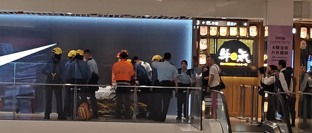 一對夫婦站在屯門市廣場3樓的圍欄旁邊，其間男事主情緒激動跨出欄杆。fb「屯門友」圖片