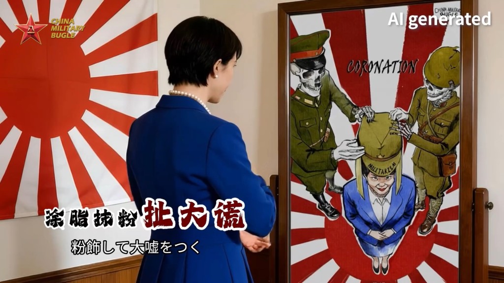 帖文更用人工智能（AI）生成一段MV，畫面出現多個日本軍國主義場面在文體領域出現。
