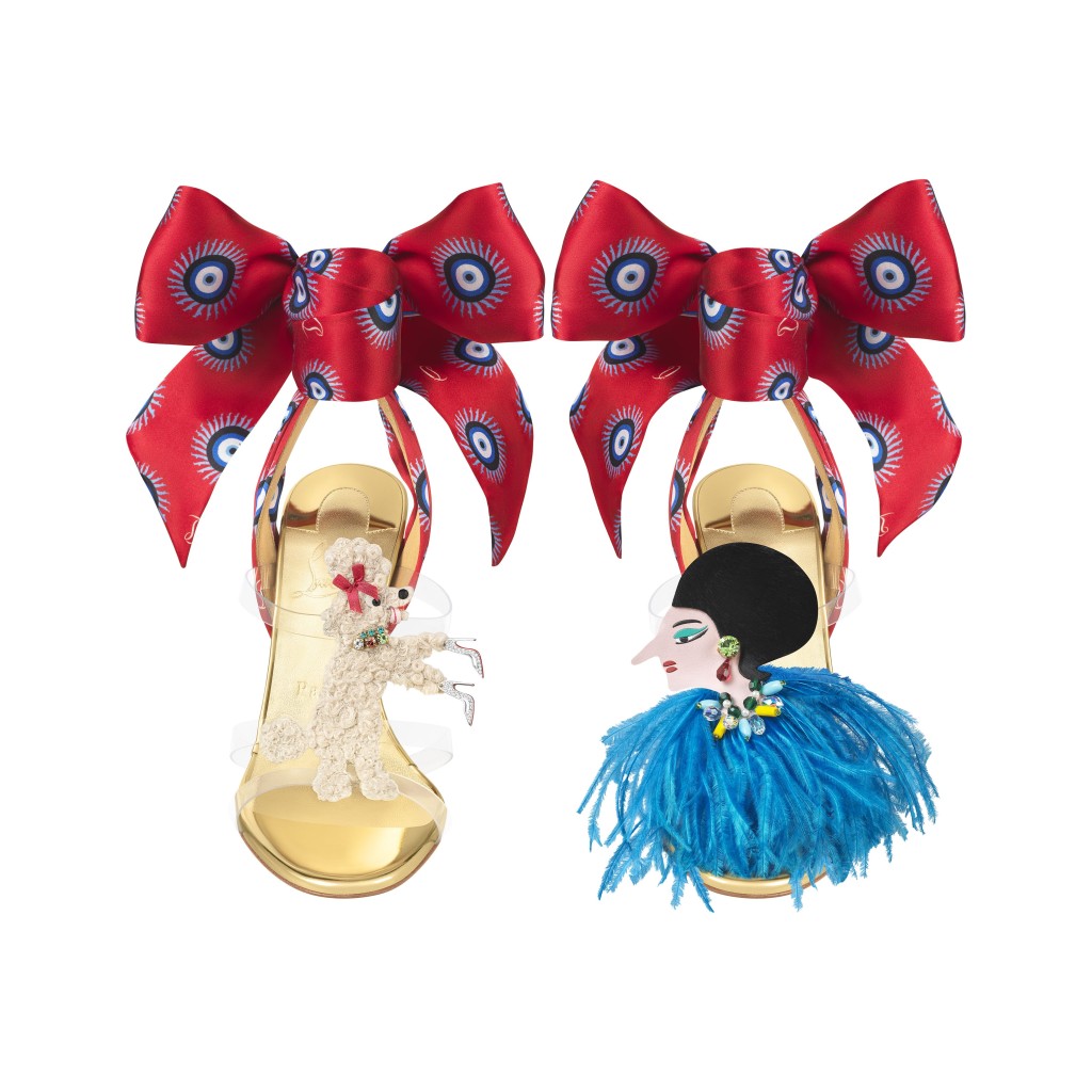 T EP DES CYCLADES 高跟鞋結合PV C、Loubieye縐緞及金屬色麖皮製成,設計玩味搶眼。