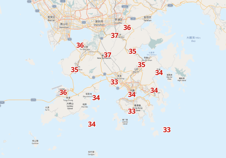 天文台預料下周二（30日）新界部分地區可達37度。天文台擷圖