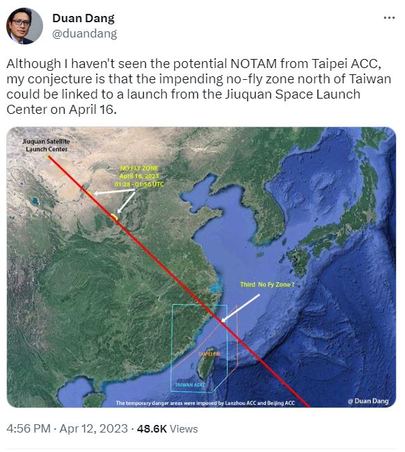 越南軍事記者Duan Dang昨天在twitter發布一張酒泉航天發射中心預定16日發射火箭的軌跡示意圖。（twitter）