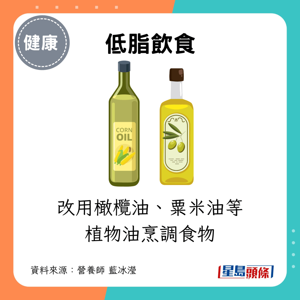 改用橄欖油、粟米油等植物油烹調食物