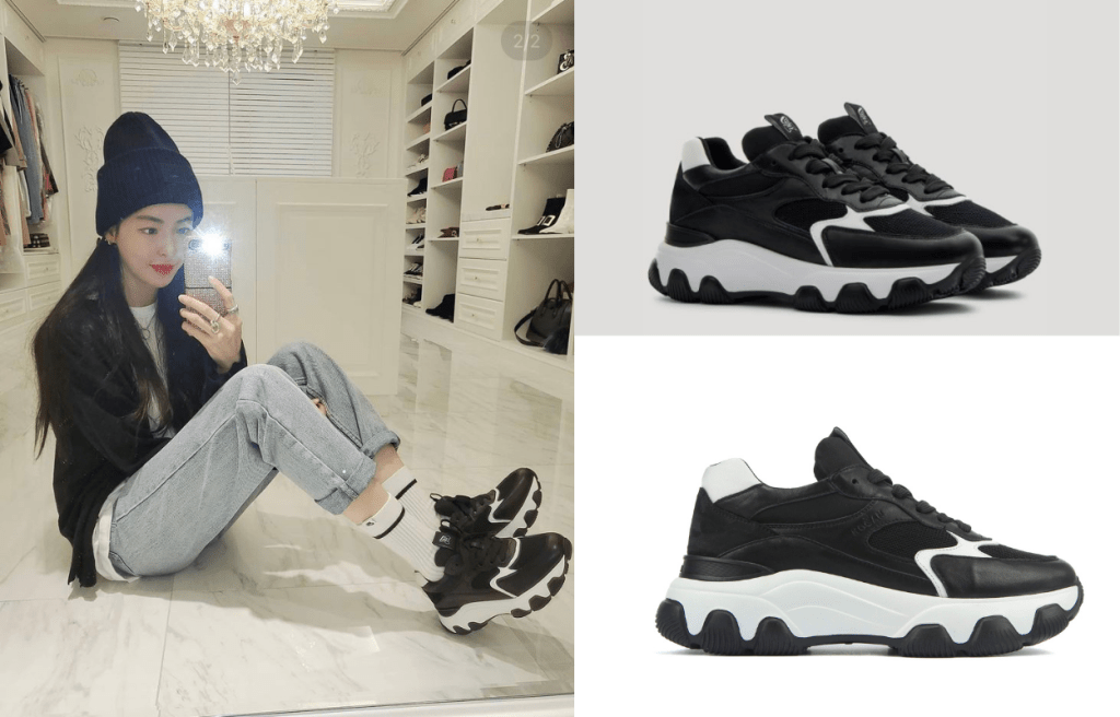 韩星李多熙穿着白色上衣与黑色外套，衬以黑白色Hyperactive Sneakers/$4,500，呼应衣装的主色调。（图片源自李多熙Instagram）