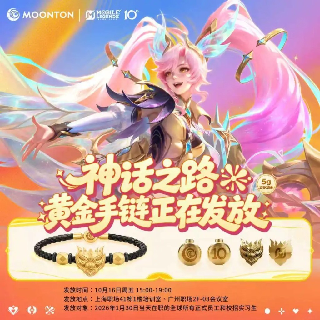 上海游戏公司沐瞳科技向逾2000员工，每人豪派5克金手链。