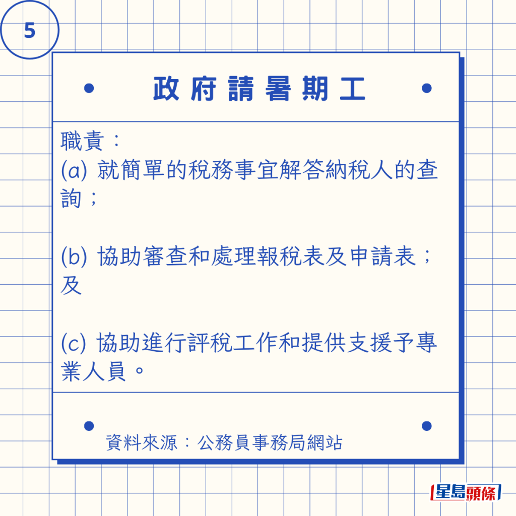 職責: (a) 就簡單的税務事宜解答納税人的查詢; (b) 協助審查和處理報税表及申請表;及 (c) 協助進行評税工作和提供支援予專業人員。 職責: (a) 就簡單的税務事宜解答納税人的查詢; (b) 協助審查和處理報税表及申請表;及 (c) 協助進行評税工作和提供支援予專業人員。