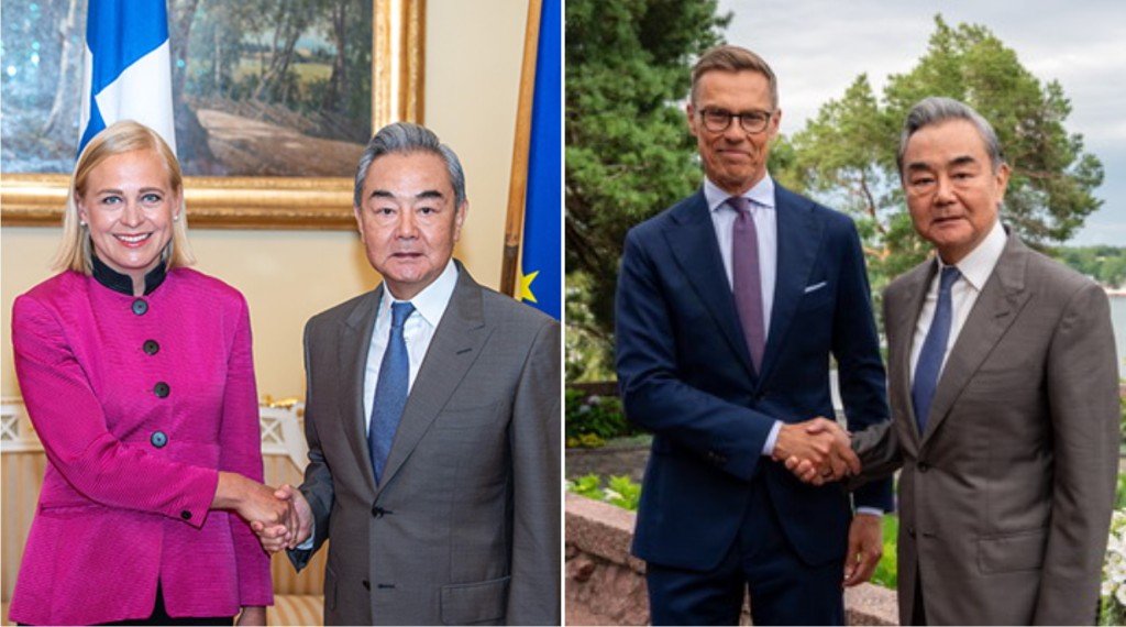 王毅先後與芬蘭外長（左圖）、總統會晤。中國外交部