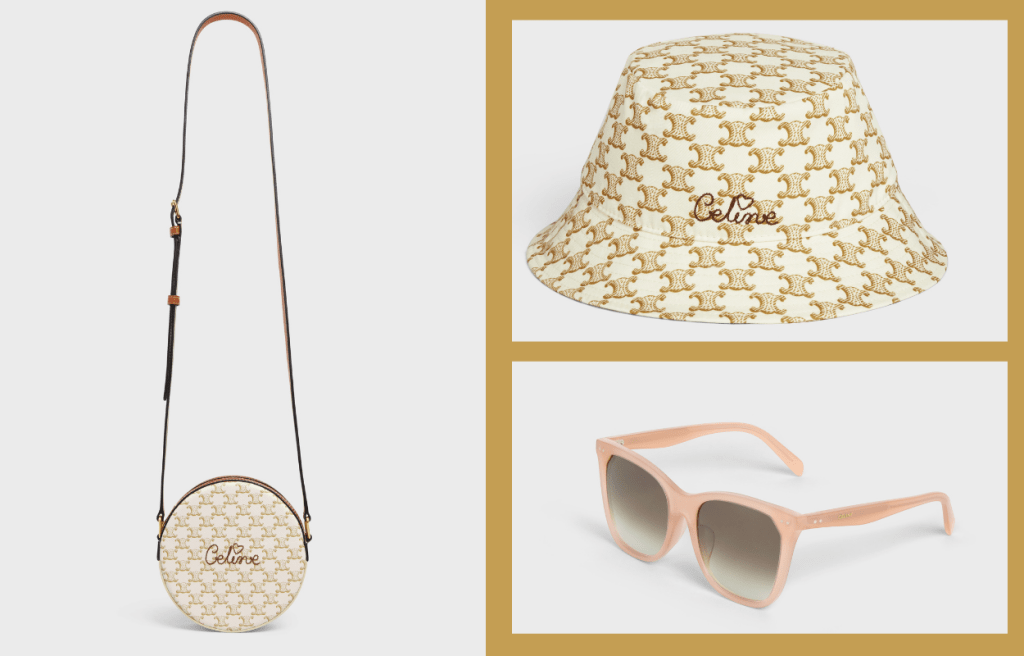 左/可調節皮革肩帶的圓形手袋/$5,600；右上/飾以Celine心形手工刺繡圖案漁夫帽/$3,650；右下/貓眼形桃色太陽眼鏡/$2,800。