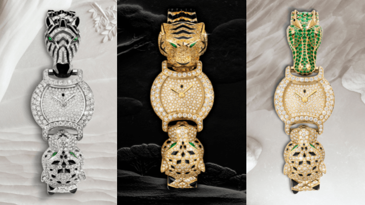 Indomptables de Cartier腕表系列共有三款作品，分別以鱷魚、斑馬及老虎為題材設計，並以鑽石及不同的彩寶鑲嵌。