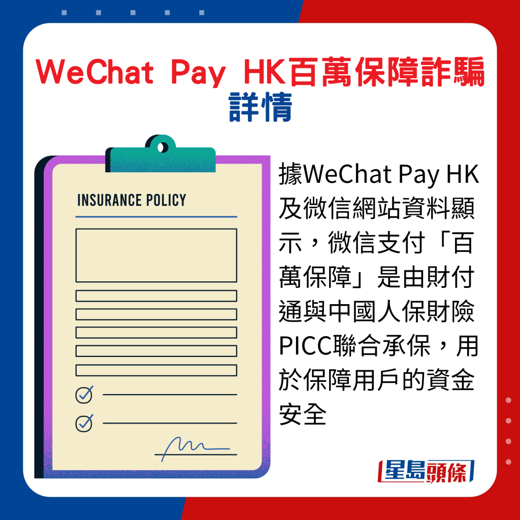 据WeChat Pay HK及微信网站资料显示，微信支付「百万保障」是由财付通与中国人保财险PICC联合承保，用于保障用户的资金安全