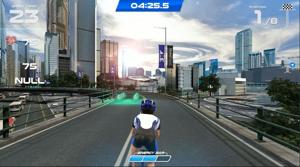 《AME运动电竞馆》内国际认可、由英国引入之策骑体验装置，化身骑师于模拟沙田马场的实景赛道策骑。