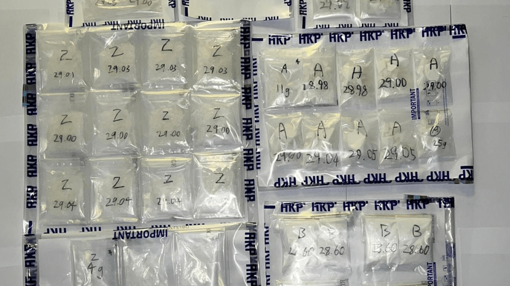 案件中檢獲的毒品共重超過1300克懷疑毒品,價值約100萬港元。警方提供