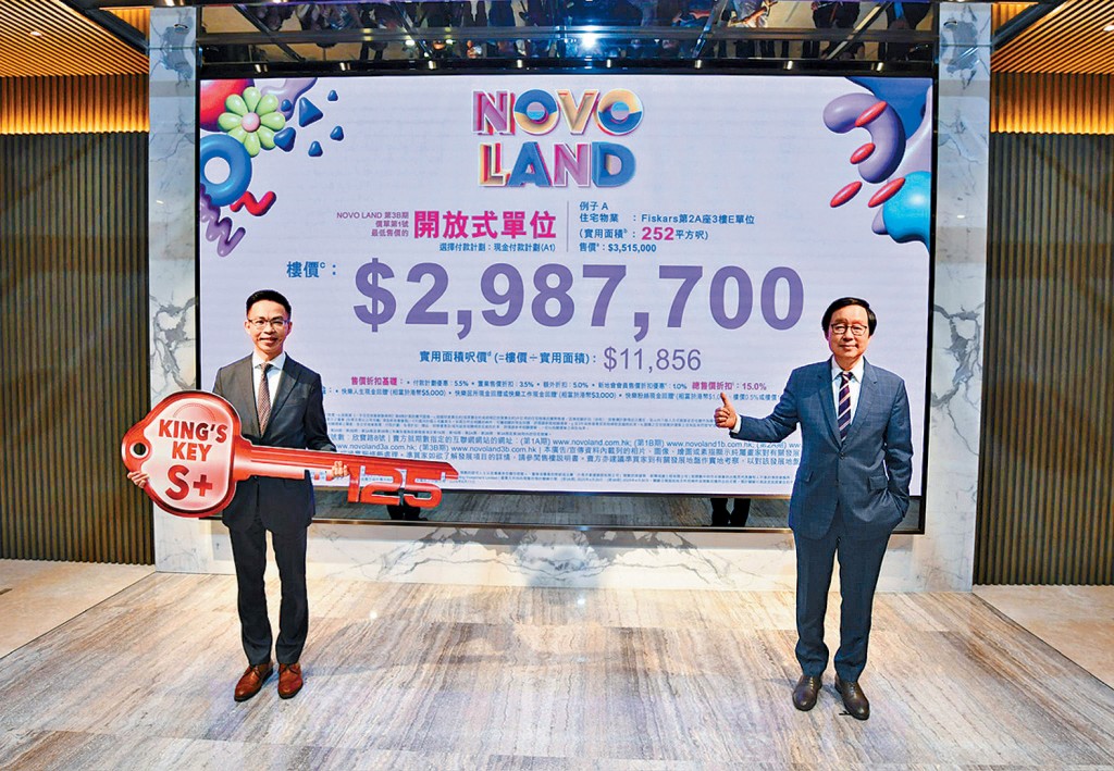 新地屯門NOVO LAND 3B期首批涉154伙，折實入場298.7萬。新地雷霆（右）指坐向及景觀與過往期數有別，相信定價會被市場接受。旁為陳漢麟。