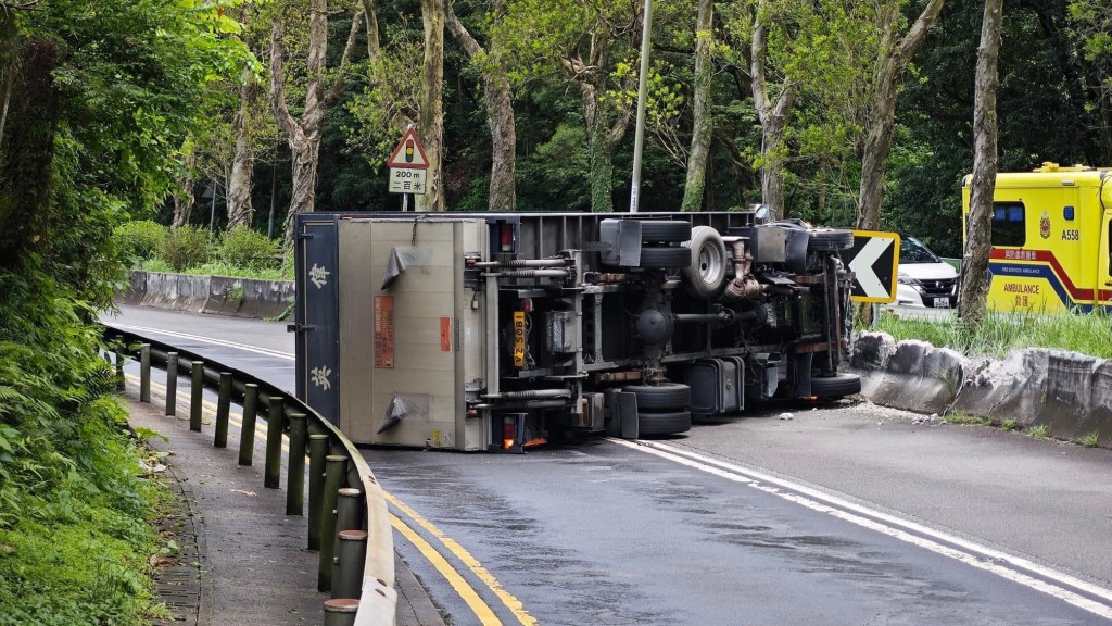 貨車翻側橫亘路面。網上圖片