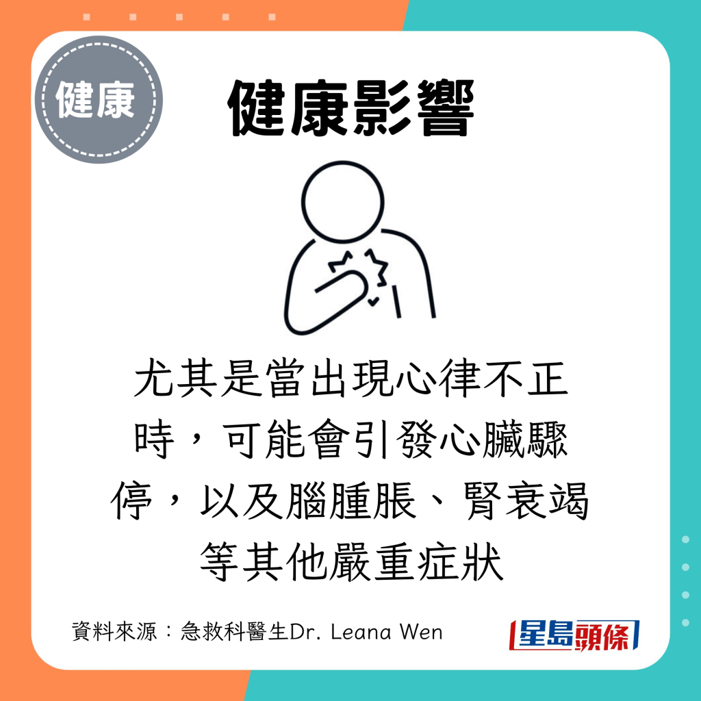 尤其是當出現心律不正時，可能會引發心臟驟停，以及腦腫脹、腎衰竭等其他嚴重症狀