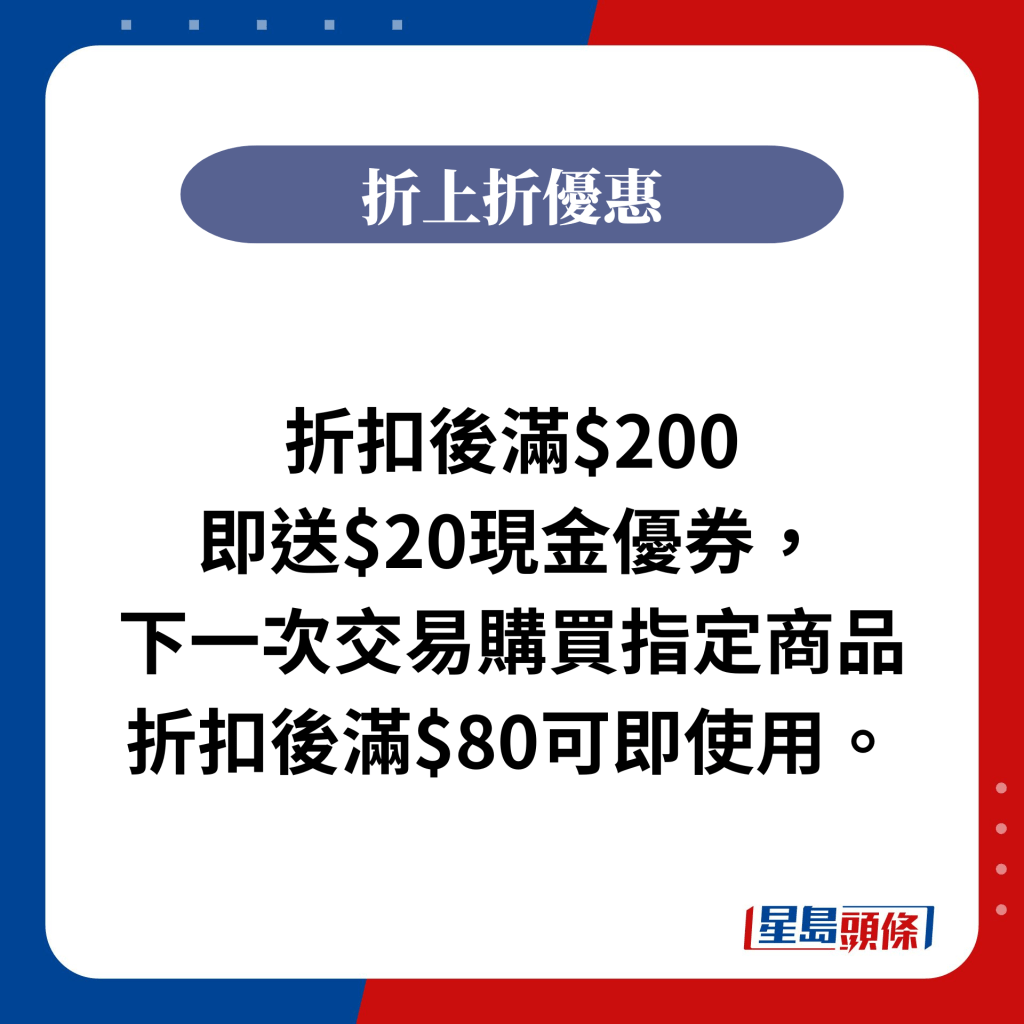 折扣後滿$200即送$20現金優券，下一次交易購買指定商品折扣後滿$80可即使用。