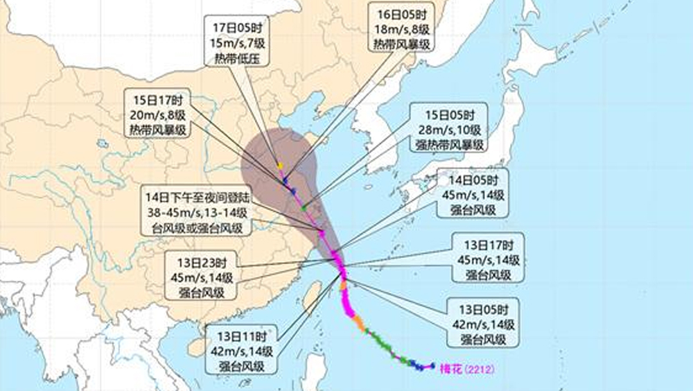 颱風梅花逼近台灣，北部多地雨量超350毫米，梅花最快明晚登陸浙江。