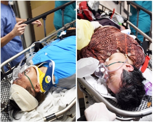 暈倒的69歲婦人(右)。跌傷頭的七旬翁(左)。