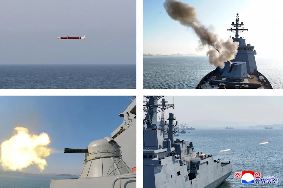 北韩公开“崔贤”号驱逐舰实弹射击画面。 朝中社 北韩公开“崔贤”号驱逐舰实弹射击画面。 朝中社
