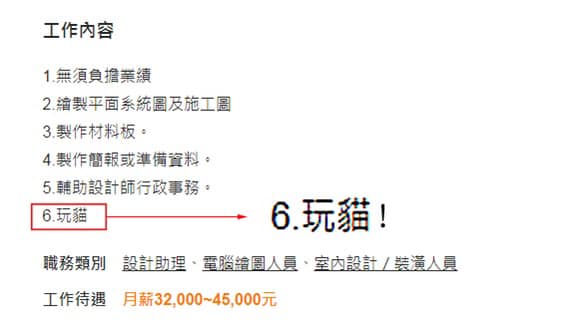 台北一家設計公司招聘條件之一是要「玩貓」。網上圖片