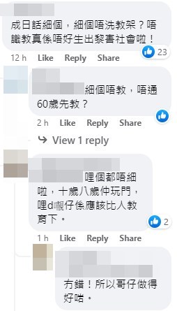 网民：成日话细个，细个唔使教㗎？。fb「香港交通及突发事故报料区」截图