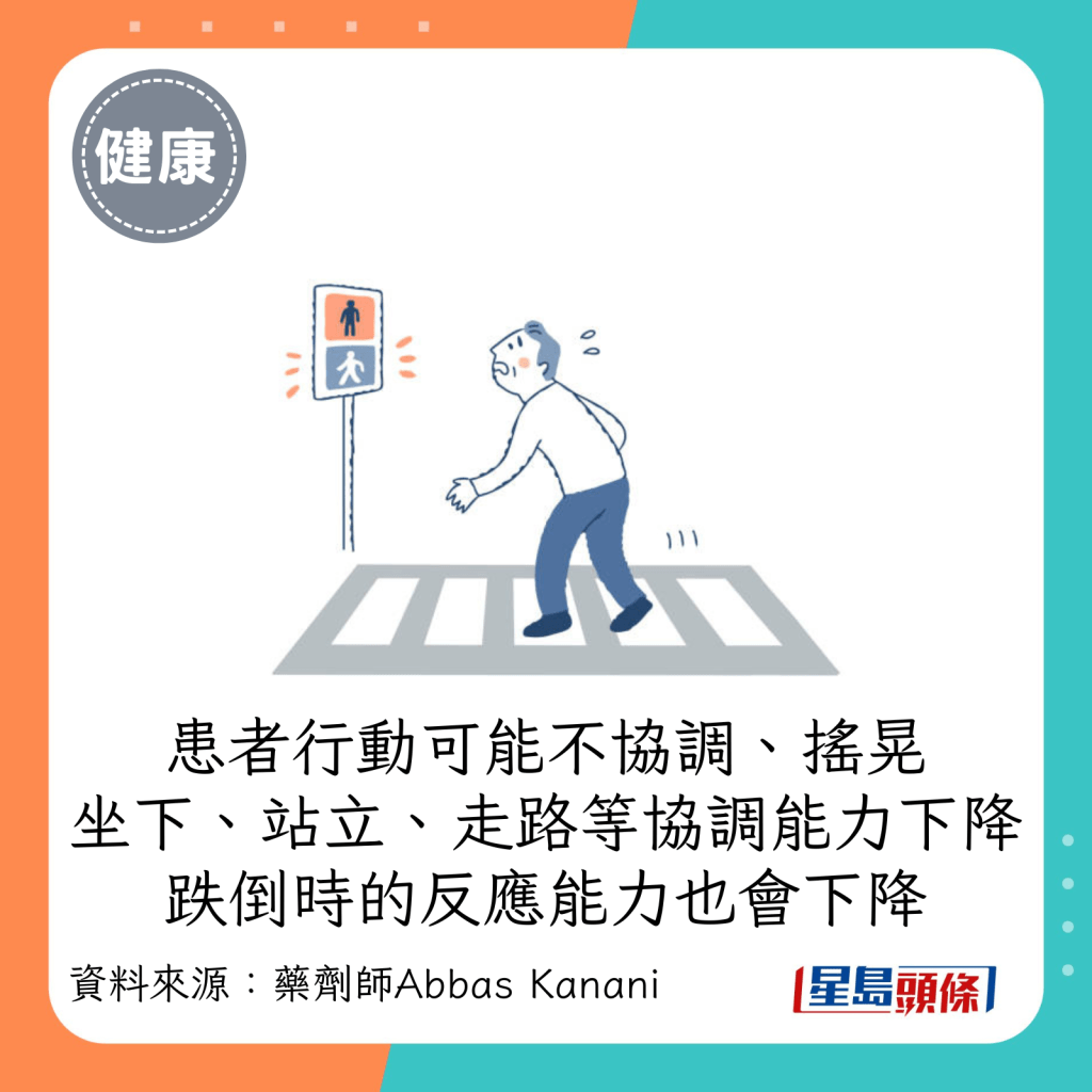 患者行動可能變得不協調、搖晃，坐下、站立、走路等協調能力下降，跌倒時的反應能力也會下降。