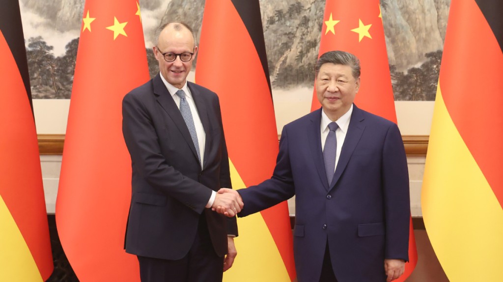 德國總理默茨抵京後，即與習近平會面。中新社