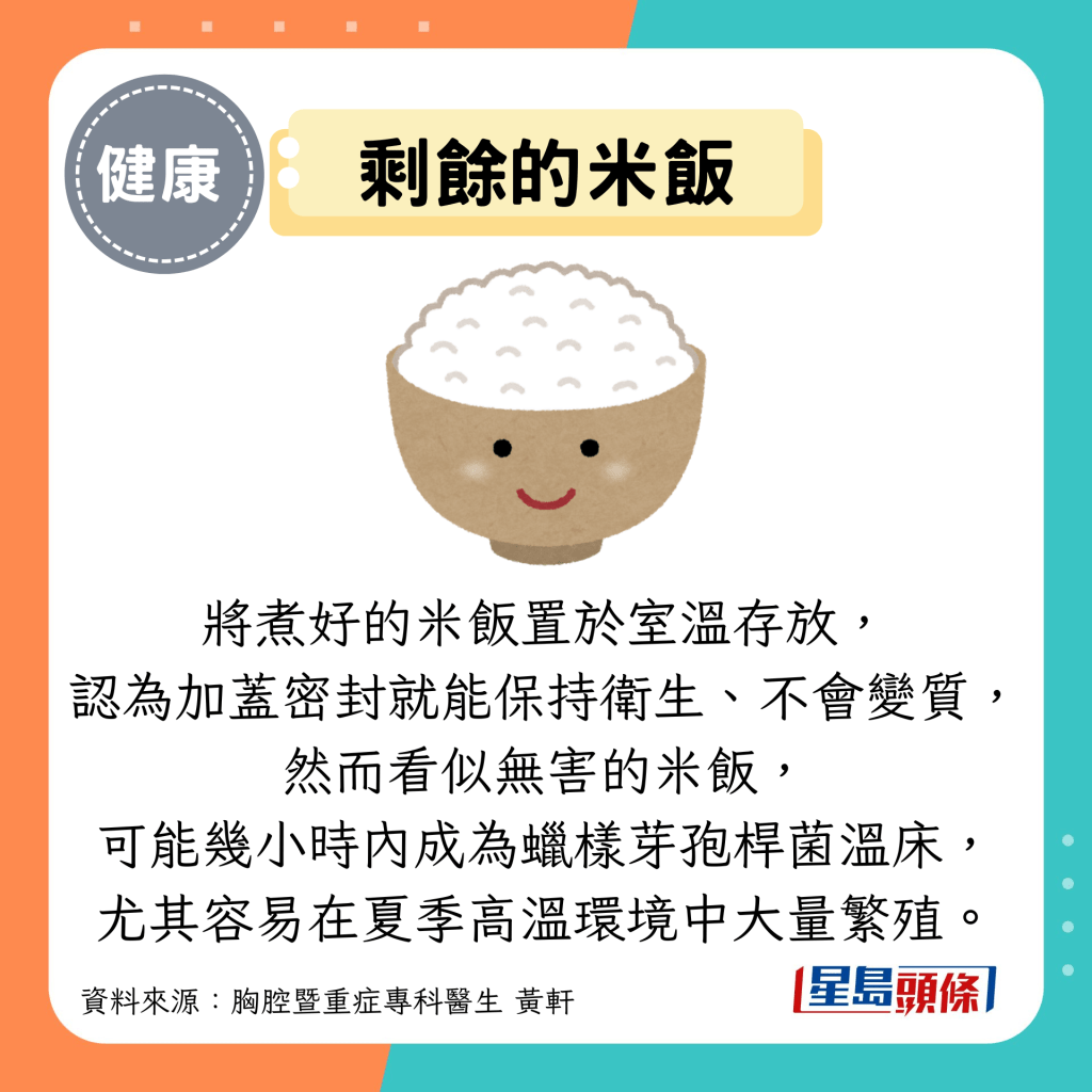 剩餘的米飯:將煮好的米飯置於室溫存放, 認為加蓋密封就能保持衛生、不會變質, 然而看似無害的米飯, 可能幾小時內成為蠟樣芽孢桿菌溫床, 尤其容易在夏季高溫環境中大量繁殖。 剩餘的米飯:將煮好的米飯置於室溫存放, 認為加蓋密封就能保持衛生、不會變質, 然而看似無害的米飯, 可能幾小時內成為蠟樣芽孢桿菌溫床, 尤其容易在夏季高溫環境中大量繁殖。