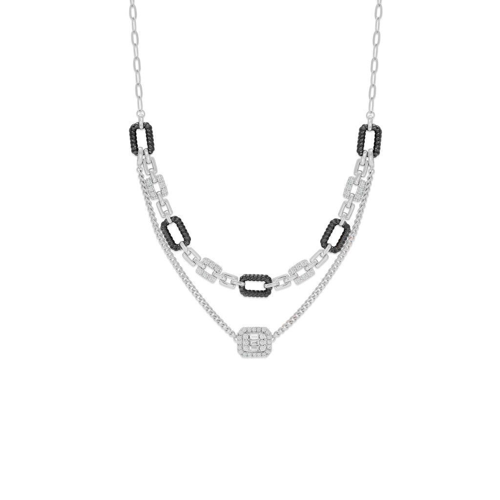 将ENCORE系列中的18K白色及电黑黄金配钻石颈链/$27,888，以及18K白色黄金配钻石手链/精致版$9,988、经典版$16,588扣上，组合成一条双行颈链，灵活配衬不同时尚造型。