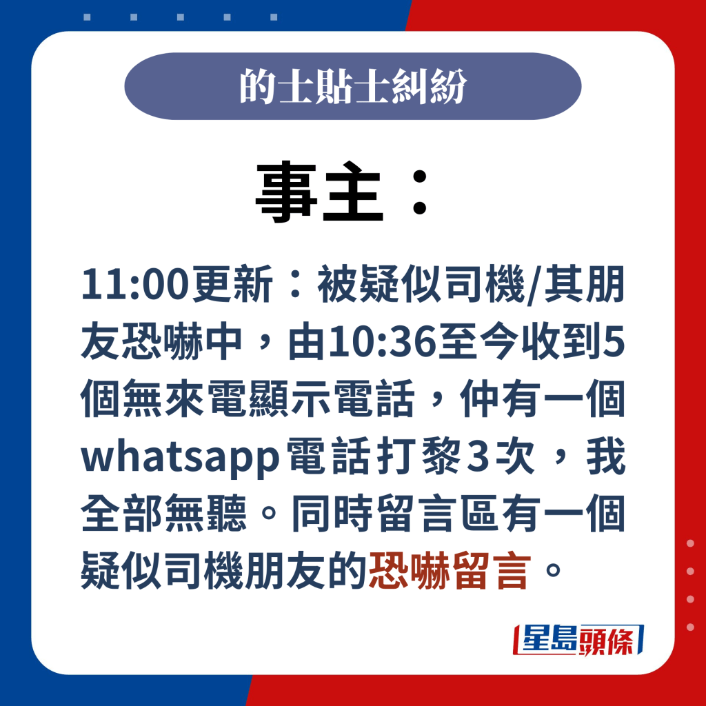 事主：11:00更新：被疑似司機/其朋友恐嚇中，由10:36至今收到5個無來電顯示電話，仲有一個whatsapp電話打黎3次，我全部無聽。同時留言區有一個疑似司機朋友的恐嚇留言。