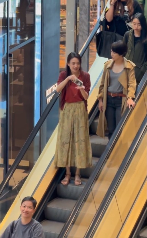 舒淇与李心洁在商场内的扶手电梯鸡啄唔断。
