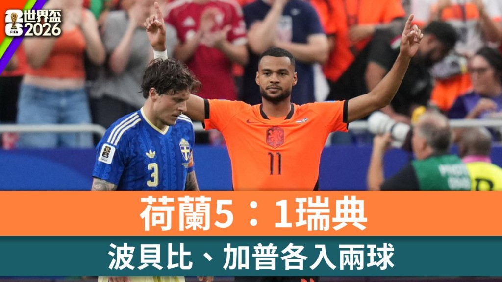 世界盃2026｜波貝比、加普各入兩球 荷蘭5：1瑞典。美聯社