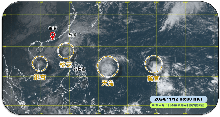 本港時間11月12日上午8時的衛星雲圖。天文台圖片