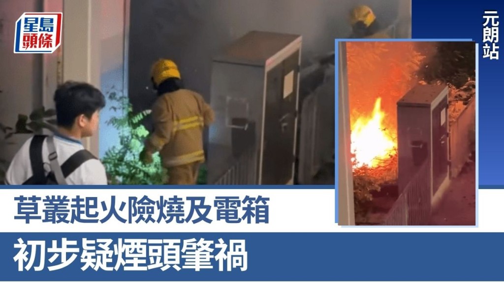 元朗站外草叢起火險燒及電箱 消防趕至救熄 初步疑煙頭肇禍