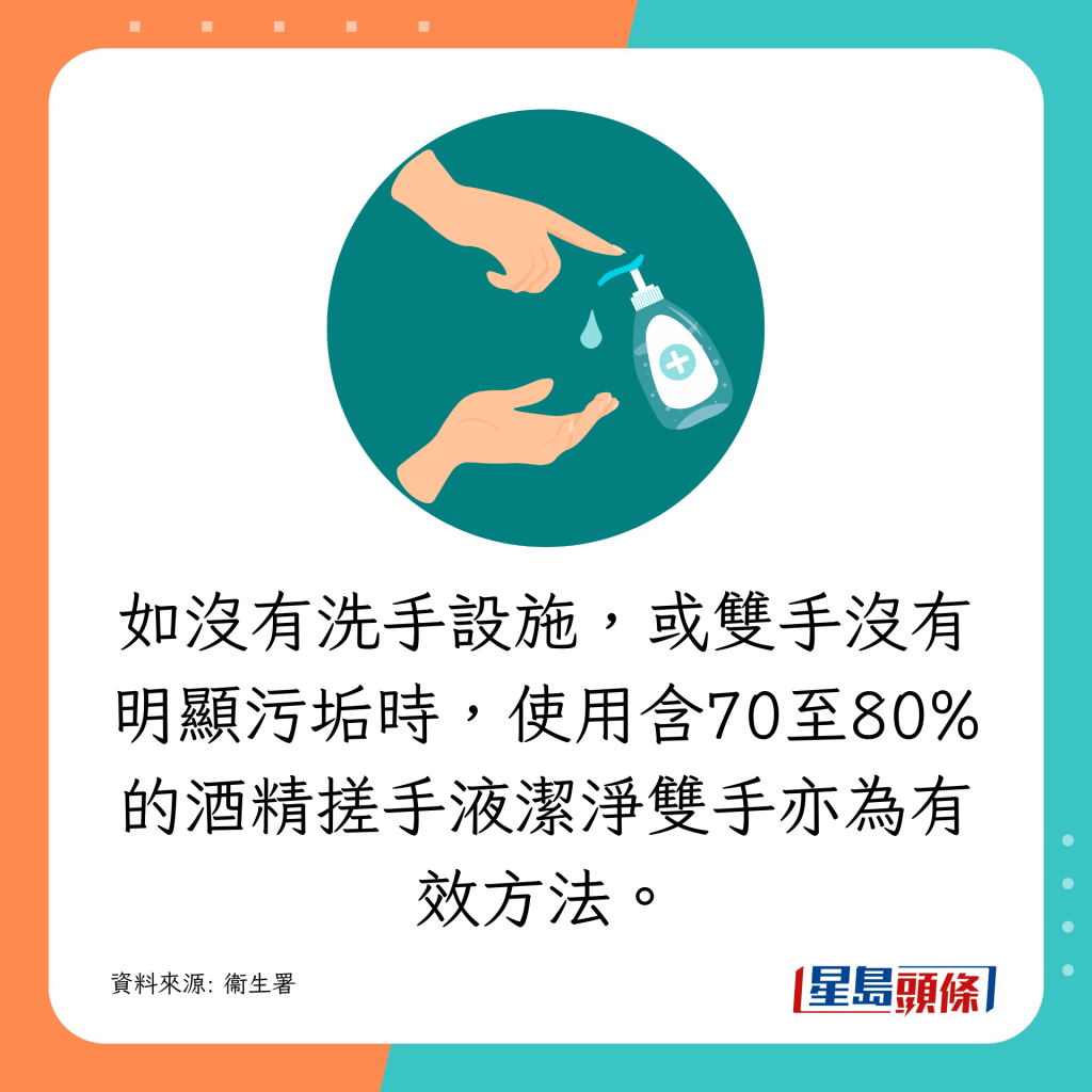 用含70至80%的酒精搓手液潔淨雙手亦為有效方法