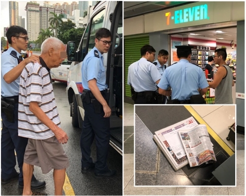 圖左,老翁被警方拘捕。圖右,送報紙工人協助警方調查。