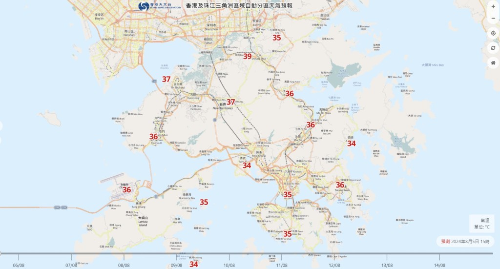 上水甚至料在下午时达38.9°C高温。天文台截图