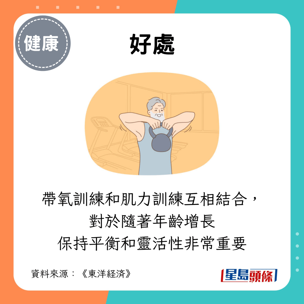 带氧训练和肌力训练互相结合， 对于随着年龄增长保持平衡和灵活性非常重要