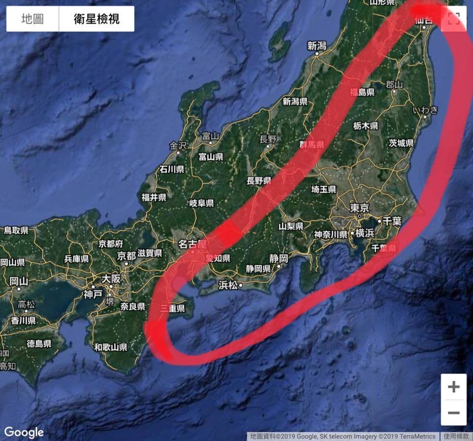 賈新興表示,颱風直接侵襲日本,最危險的區域大致在標示的紅線範圍。facebook圖片