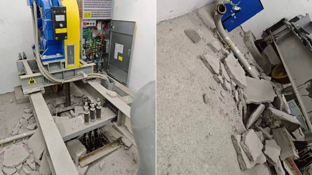 武漢有住宅的電梯失控衝頂，機房地板也被撞爆。抖音